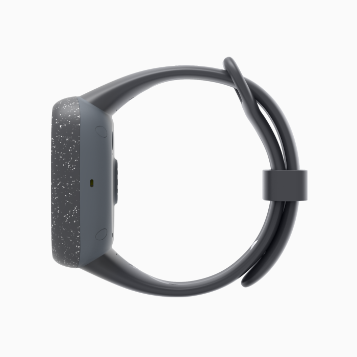 Sideview of Adventurer watch showing location of microphone and full wrist strap